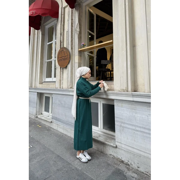 Fitilli Triko Elbise - Zümrüt Yeşili