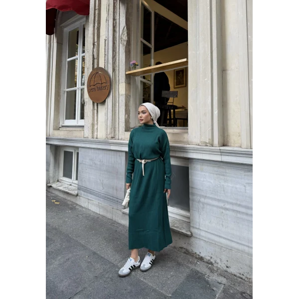 Fitilli Triko Elbise - Zümrüt Yeşili