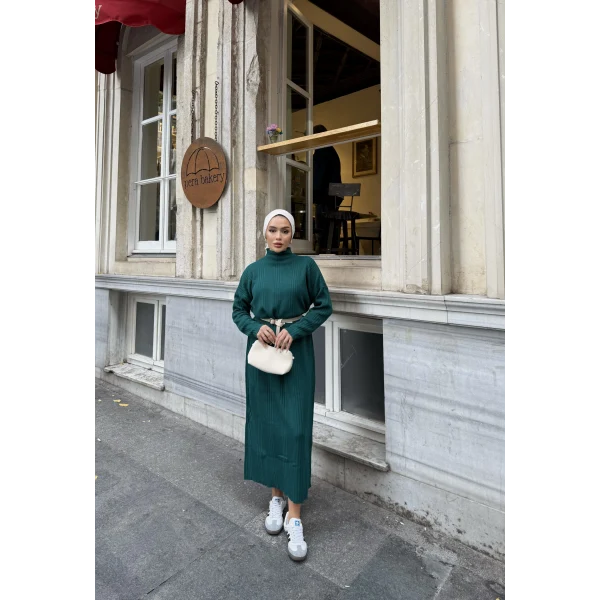 Fitilli Triko Elbise - Zümrüt Yeşili