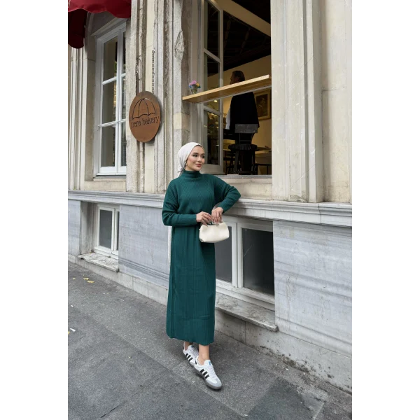 Fitilli Triko Elbise - Zümrüt Yeşili