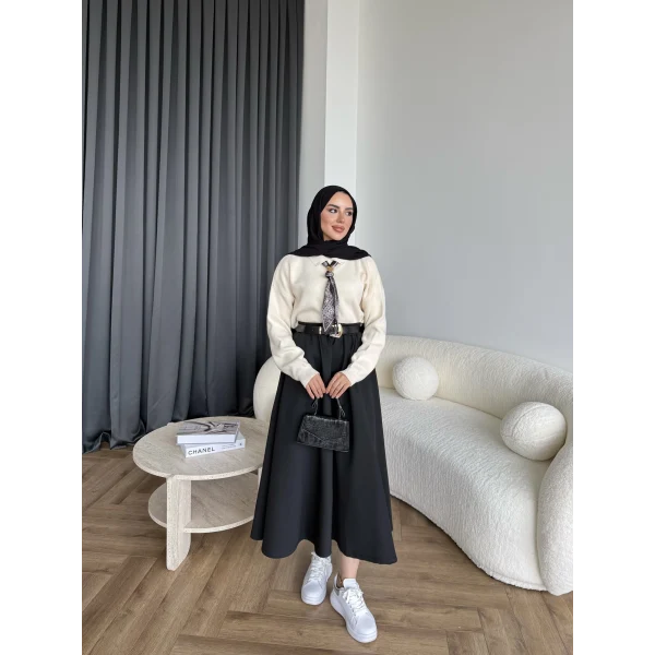 Fiyonklu Kazak - Krem