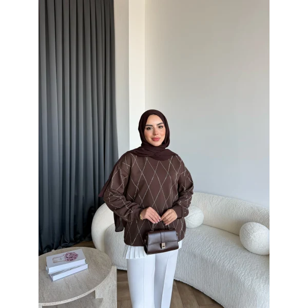 Gn-Elban Taşlı Sweat - Kahve