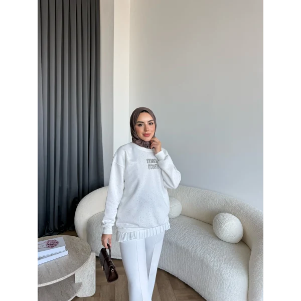 Gn-Mın Taşlı Sweat - Beyaz