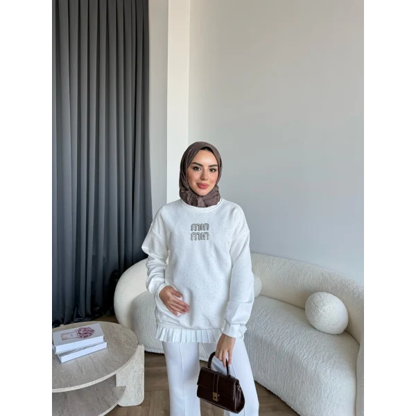 Gn-Mın Taşlı Sweat - Beyaz