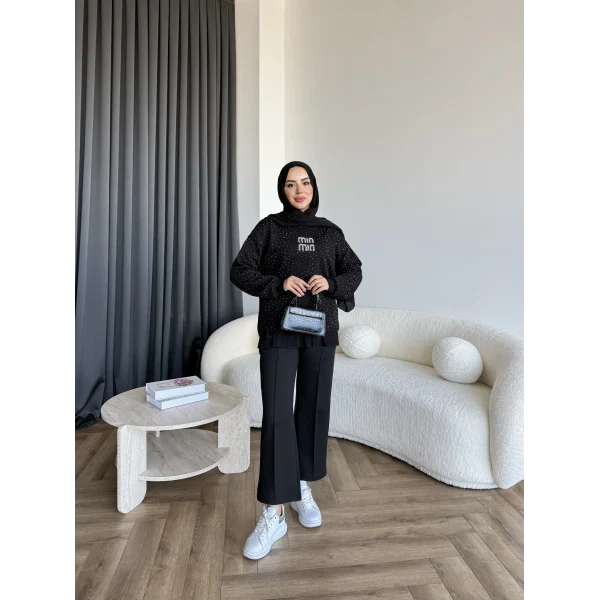 Gn-Mın Taşlı Sweat - Siyah