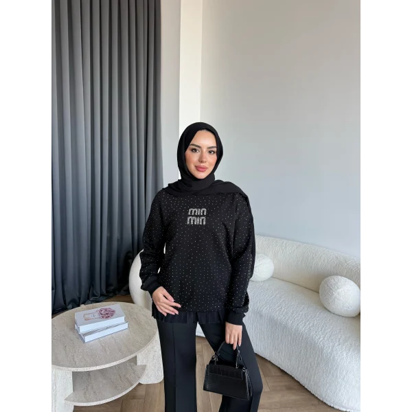 Gn-Mın Taşlı Sweat - Siyah