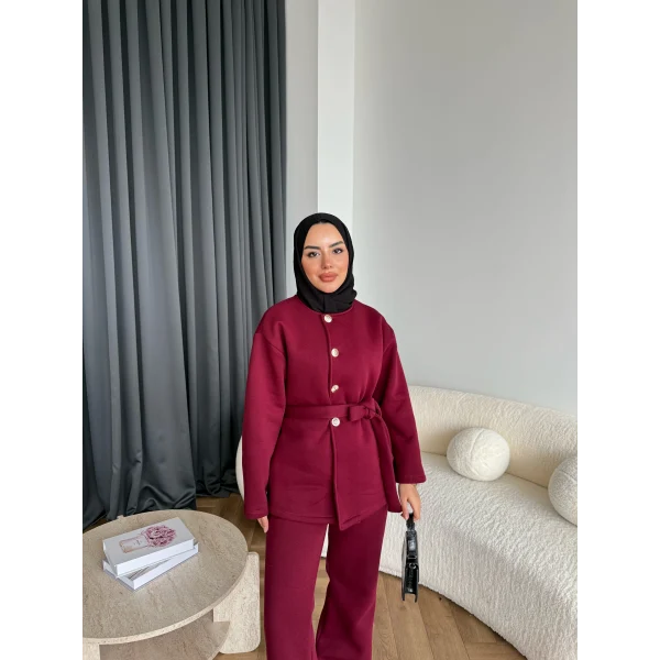 Gold Düğmeli 3 İplik Takım - Bordo