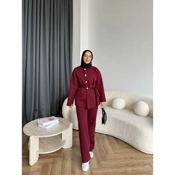 Gold Düğmeli 3 İplik Takım - Bordo