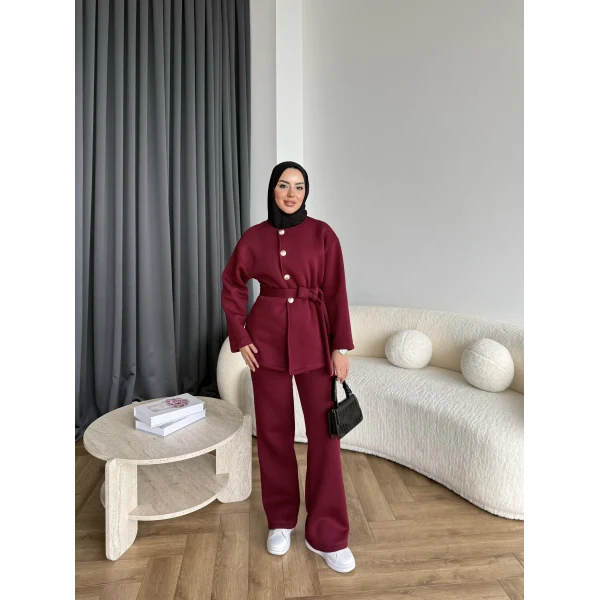 Gold Düğmeli 3 İplik Takım - Bordo