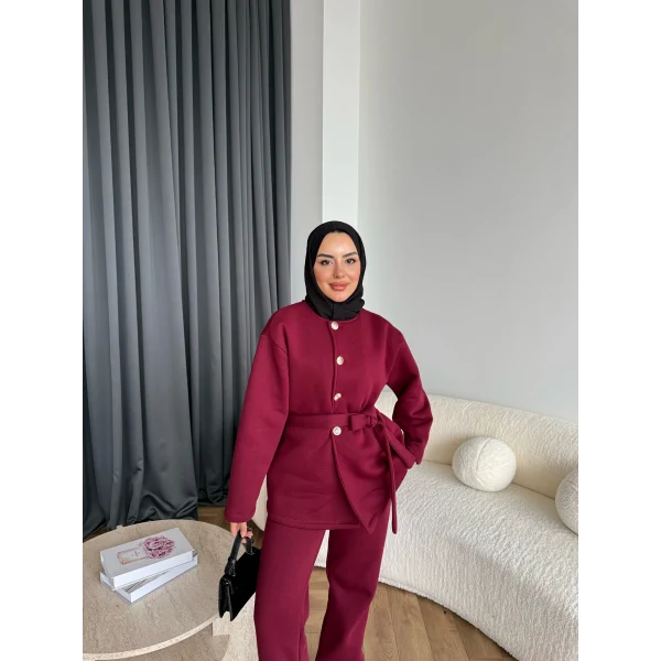 Gold Düğmeli 3 İplik Takım - Bordo