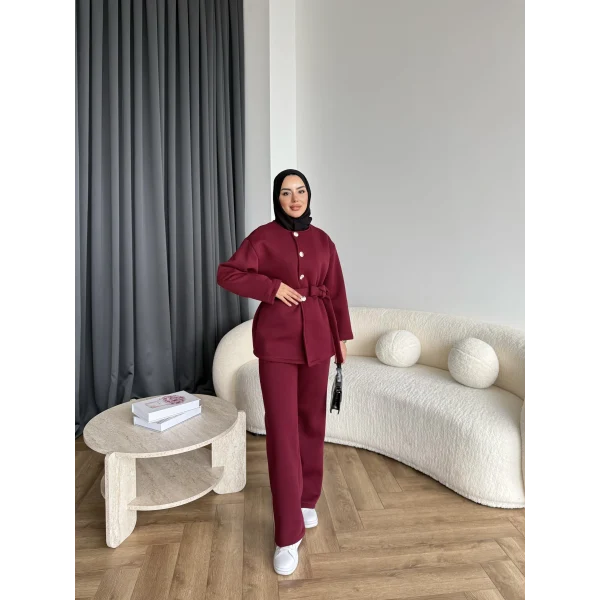 Gold Düğmeli 3 İplik Takım - Bordo