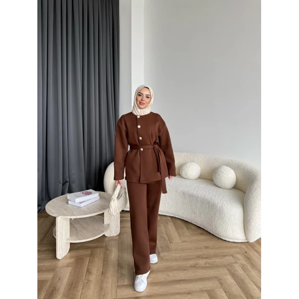 Gold Düğmeli 3 İplik Takım - Kahve