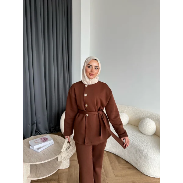 Gold Düğmeli 3 İplik Takım - Kahve