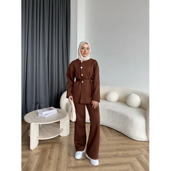 Gold Düğmeli 3 İplik Takım - Kahve