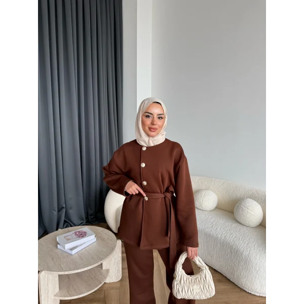 Gold Düğmeli 3 İplik Takım - Kahve