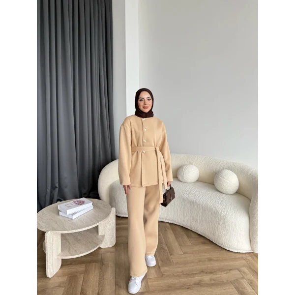 Gold Düğmeli 3 İplik Takım - Krem