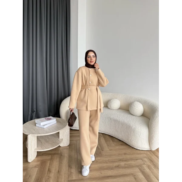 Gold Düğmeli 3 İplik Takım - Krem