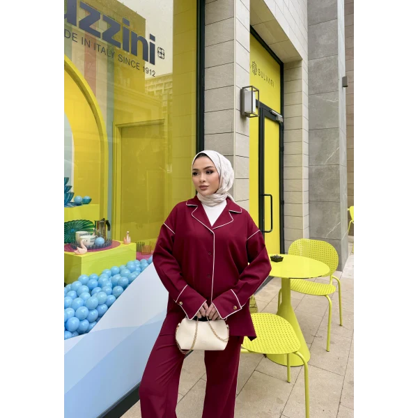 Gold Düğmeli Biyeli Takım - Bordo