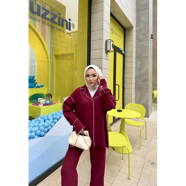 Gold Düğmeli Biyeli Takım - Bordo