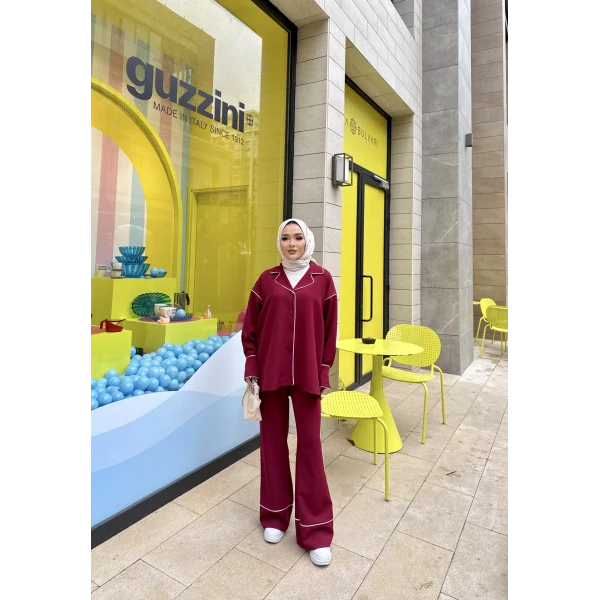 Gold Düğmeli Biyeli Takım - Bordo