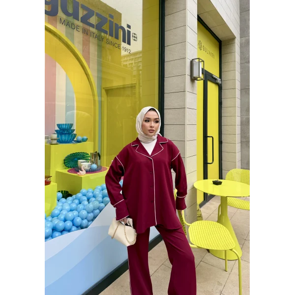 Gold Düğmeli Biyeli Takım - Bordo