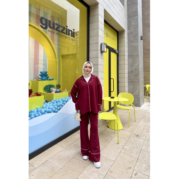 Gold Düğmeli Biyeli Takım - Bordo
