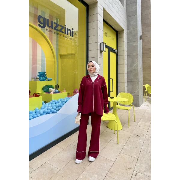 Gold Düğmeli Biyeli Takım - Bordo