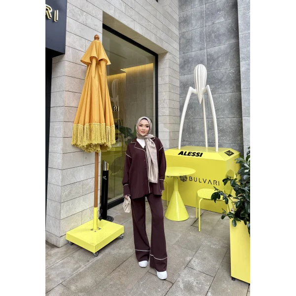 Gold Düğmeli Biyeli Takım - Kahve