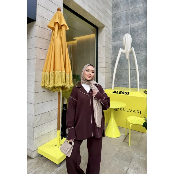 Gold Düğmeli Biyeli Takım - Kahve