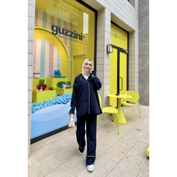 Gold Düğmeli Biyeli Takım - Lacivert