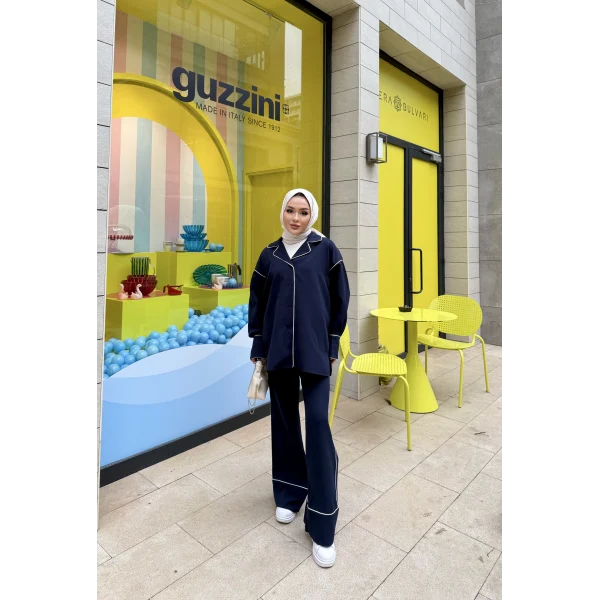 Gold Düğmeli Biyeli Takım - Lacivert