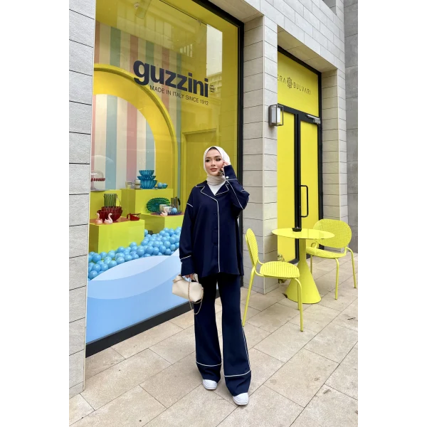 Gold Düğmeli Biyeli Takım - Lacivert