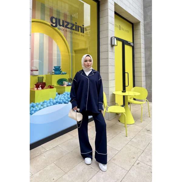 Gold Düğmeli Biyeli Takım - Lacivert