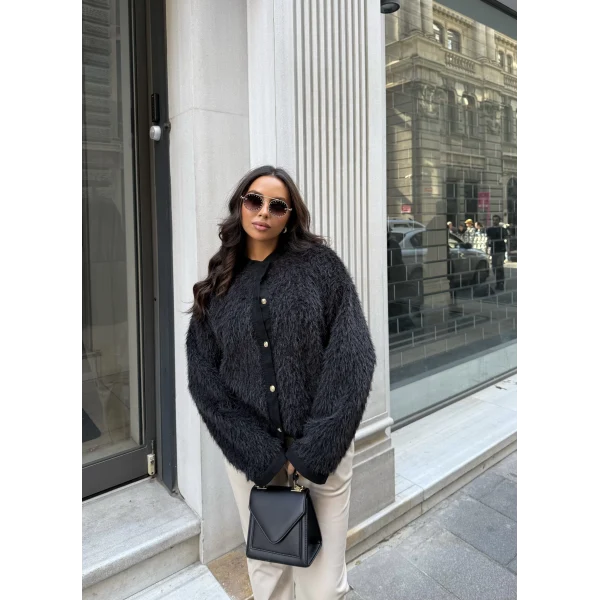 Gold Düğmeli Peluş Hırka - Siyah