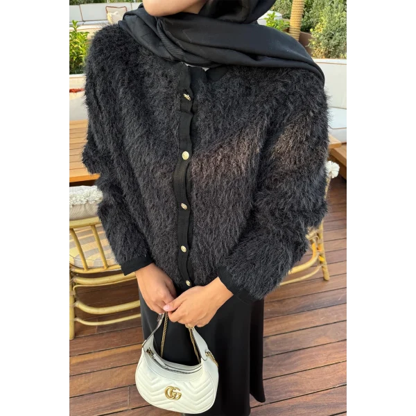 Gold Düğmeli Peluş Hırka - Siyah