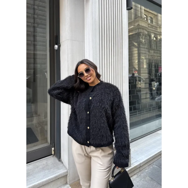 Gold Düğmeli Peluş Hırka - Siyah