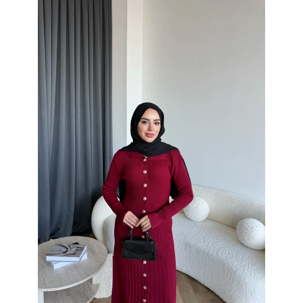 Gold Düğmeli Triko Elbise - Bordo