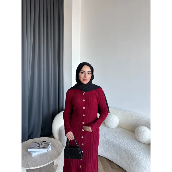 Gold Düğmeli Triko Elbise - Bordo