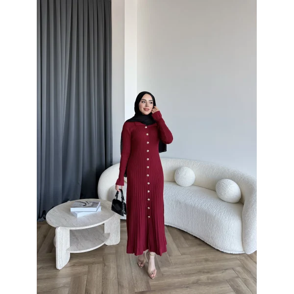 Gold Düğmeli Triko Elbise - Bordo