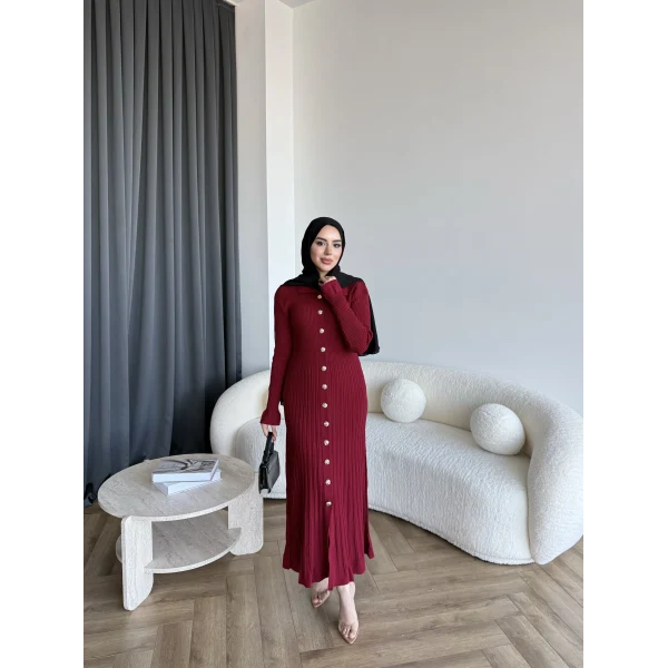 Gold Düğmeli Triko Elbise - Bordo
