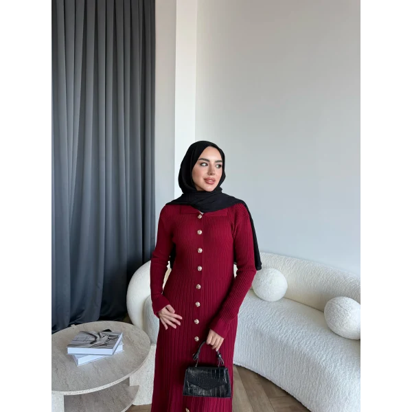 Gold Düğmeli Triko Elbise - Bordo