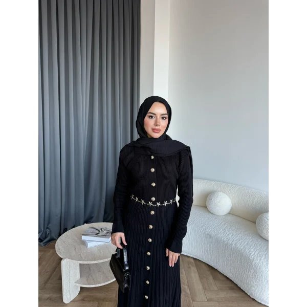 Gold Düğmeli Triko Elbise - Siyah