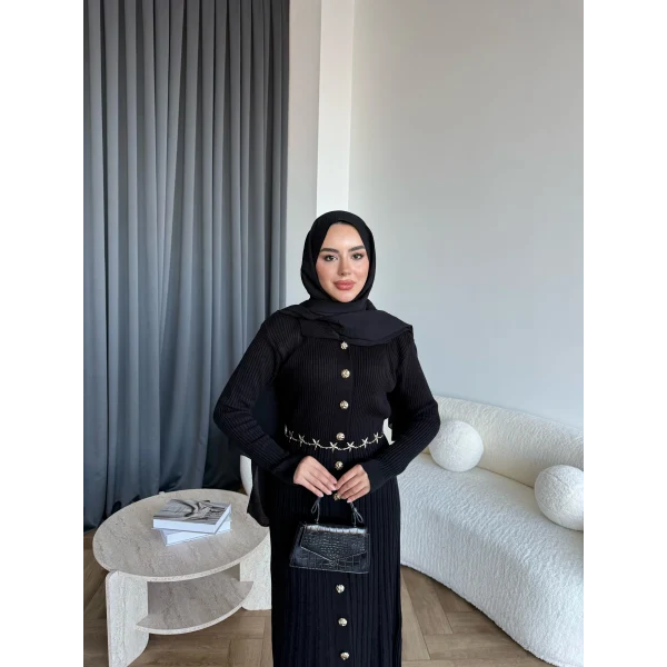 Gold Düğmeli Triko Elbise - Siyah