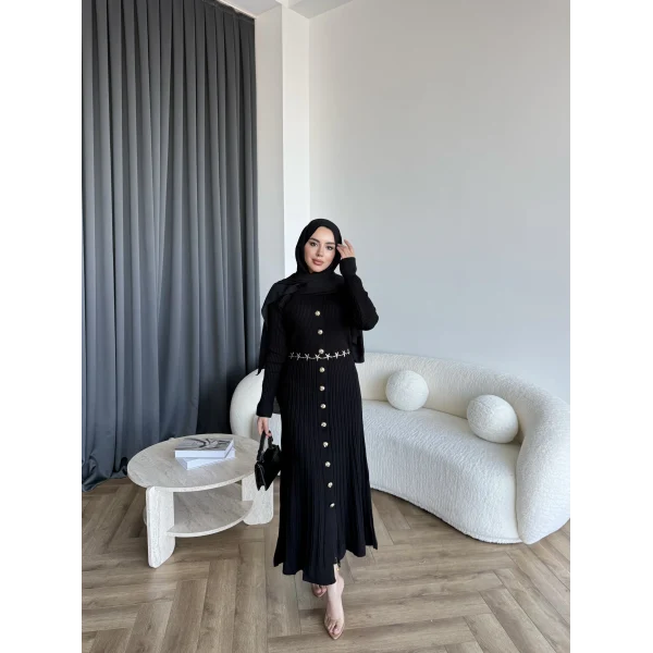 Gold Düğmeli Triko Elbise - Siyah