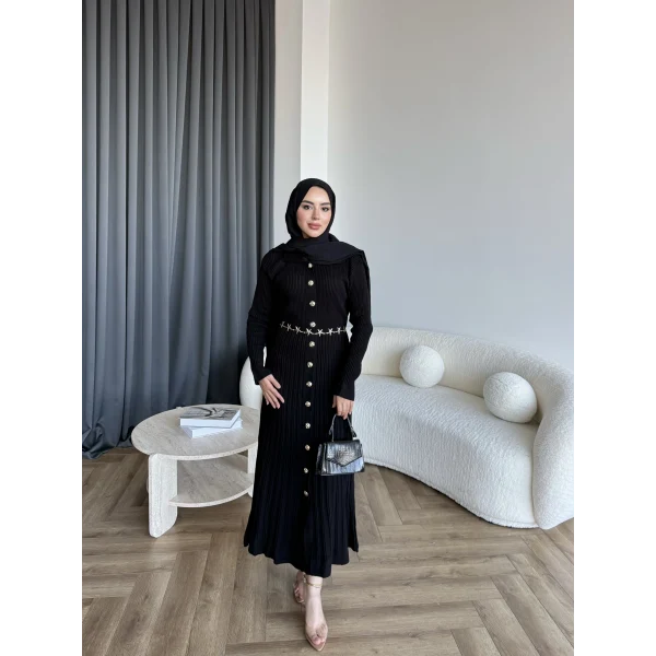 Gold Düğmeli Triko Elbise - Siyah