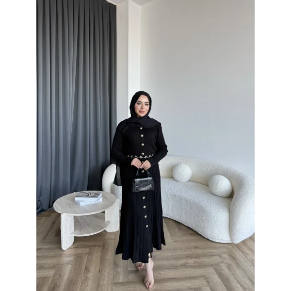 Gold Düğmeli Triko Elbise - Siyah