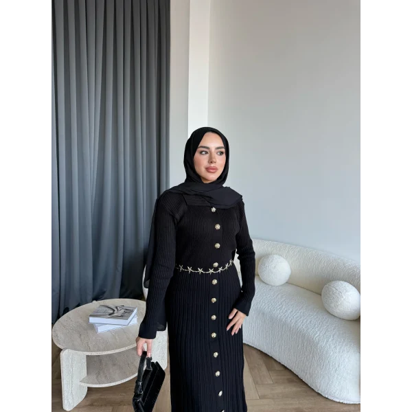 Gold Düğmeli Triko Elbise - Siyah