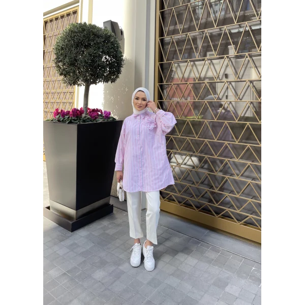 Gül Çizgili Detay Gömlek - Pembe