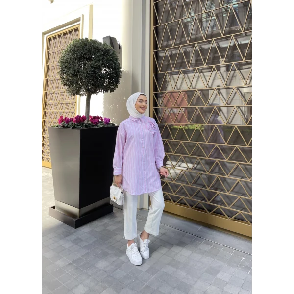 Gül Çizgili Detay Gömlek - Pembe