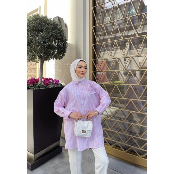 Gül Çizgili Detay Gömlek - Pembe